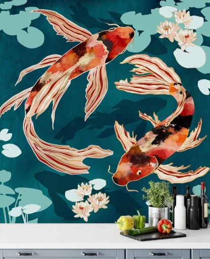 Orange koi simma i en blå damm med turkosa lilja kuddar Orange koi simma i en blå damm med turkosa lilja kuddar