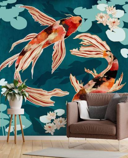 Orange koi swimming in a blue pond with turquoise lily pads Orange koi swimming in a blue pond with turquoise lily pads