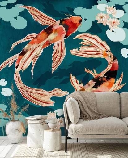 Orange koi svømning i en blå dam med turkis lilje puder Orange koi svømning i en blå dam med turkis lilje puder