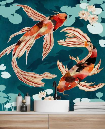 Orange koi simma i en blå damm med turkosa lilja kuddar Orange koi simma i en blå damm med turkosa lilja kuddar