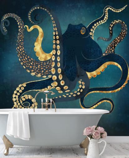 navy and gold customisable octopus wallpaper mural called Metallic Octopus IV by SpaceFrog Designs for bathrooms navy and gold customisable octopus wallpaper mural called Metallic Octopus IV by SpaceFrog Designs for bathrooms
