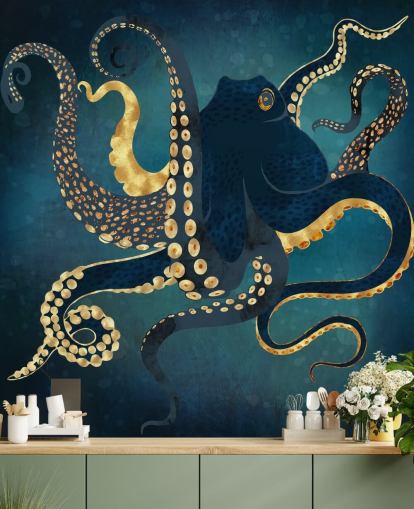 Personalisierbare Oktopus-Tapete in Marineblau und Gold namens Metallic Octopus IV von SpaceFrog Designs für Badezimmer Personalisierbare Oktopus-Tapete in Marineblau und Gold namens Metallic Octopus IV von SpaceFrog Designs für Badezimmer