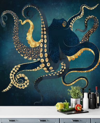 Personalisierbare Oktopus-Tapete in Marineblau und Gold namens Metallic Octopus IV von SpaceFrog Designs für Badezimmer Personalisierbare Oktopus-Tapete in Marineblau und Gold namens Metallic Octopus IV von SpaceFrog Designs für Badezimmer