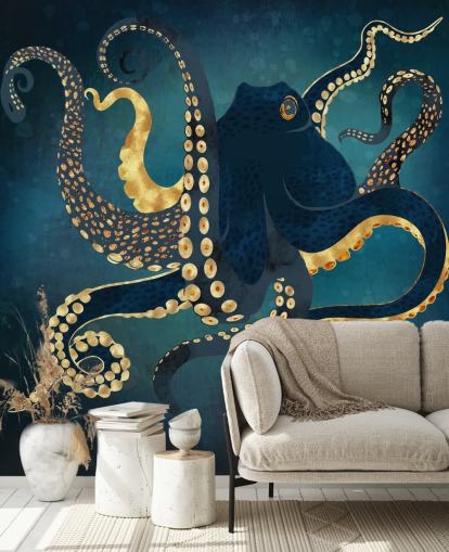 navy and gold customisable octopus wallpaper mural called Metallic Octopus IV by SpaceFrog Designs for bathrooms navy and gold customisable octopus wallpaper mural called Metallic Octopus IV by SpaceFrog Designs for bathrooms