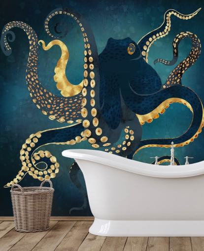 navy and gold customisable octopus wallpaper mural called Metallic Octopus IV by SpaceFrog Designs for bathrooms navy and gold customisable octopus wallpaper mural called Metallic Octopus IV by SpaceFrog Designs for bathrooms
