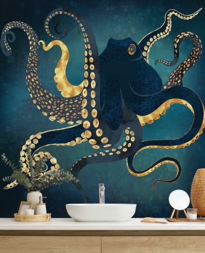 navy and gold customisable octopus wallpaper mural called Metallic Octopus IV by SpaceFrog Designs for bathrooms navy and gold customisable octopus wallpaper mural called Metallic Octopus IV by SpaceFrog Designs for bathrooms