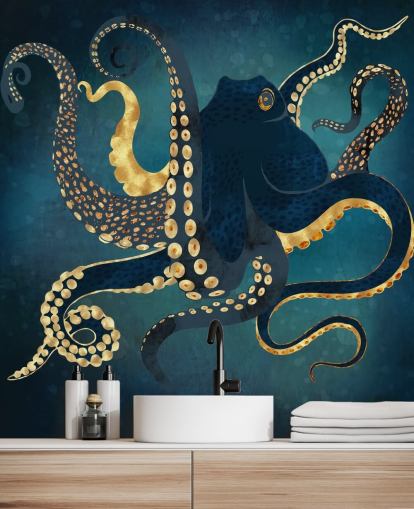 navy and gold customisable octopus wallpaper mural called Metallic Octopus IV by SpaceFrog Designs for bathrooms navy and gold customisable octopus wallpaper mural called Metallic Octopus IV by SpaceFrog Designs for bathrooms