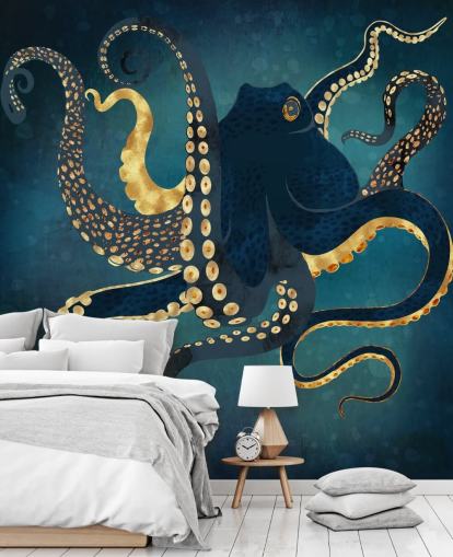 marineblauwe en gouden aanpasbare octopus behangmuurschildering genaamd Metallic Octopus IV van SpaceFrog Designs voor badkamers marineblauwe en gouden aanpasbare octopus behangmuurschildering genaamd Metallic Octopus IV van SpaceFrog Designs voor badkamers