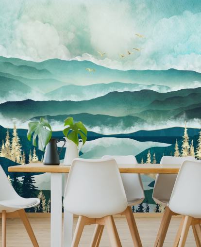 Misty Blue Mountains And a Lake With Golden Trees Misty Blue Mountains And a Lake With Golden Trees