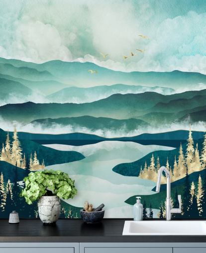 Misty Blue Mountains And a Lake With Golden Trees Misty Blue Mountains And a Lake With Golden Trees