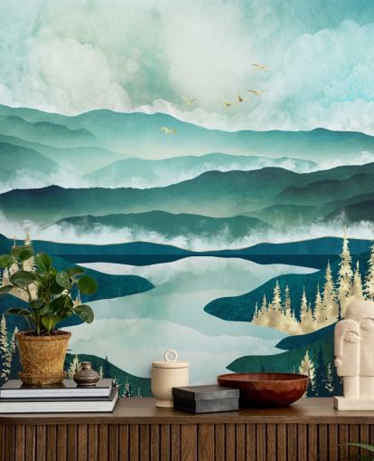 Misty Blue Mountains And a Lake With Golden Trees Misty Blue Mountains And a Lake With Golden Trees