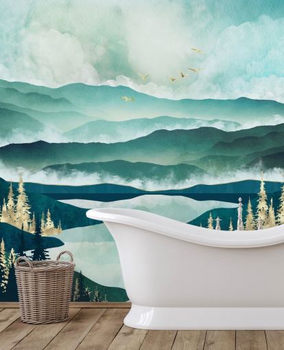 Dimmiga blå berg och en sjö med gyllene träd Dimmiga blå berg och en sjö med gyllene träd