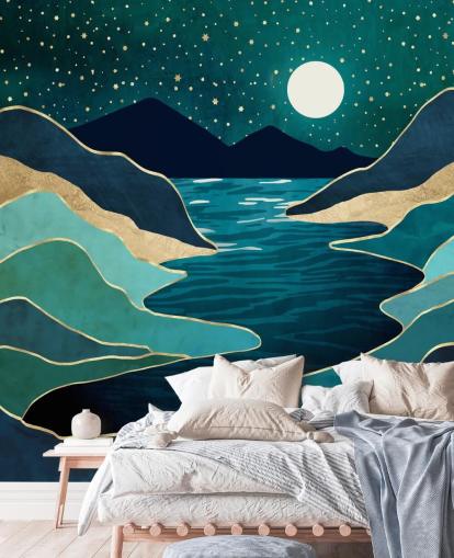 Moon Over a Blue River And Mountains Moon Over a Blue River And Mountains