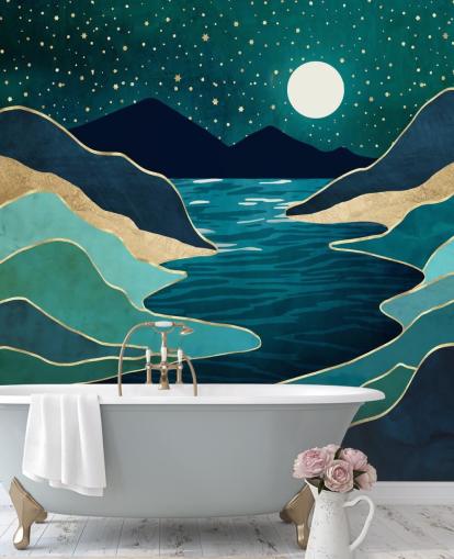 Månen over en blå flod og bjerge Månen over en blå flod og bjerge