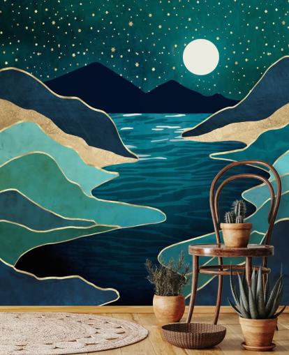 Månen over en blå elv og fjell Månen over en blå elv og fjell