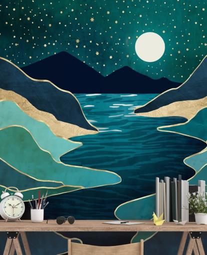 Moon Over a Blue River And Mountains Moon Over a Blue River And Mountains