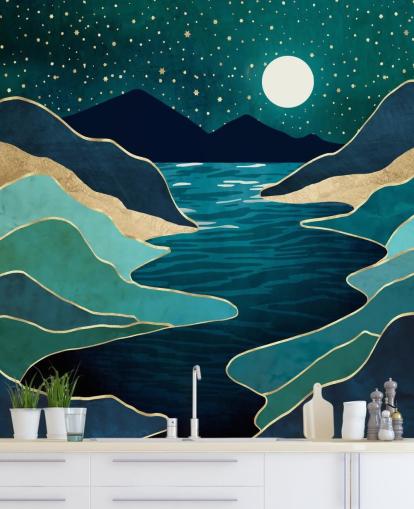 Moon Over a Blue River And Mountains Moon Over a Blue River And Mountains