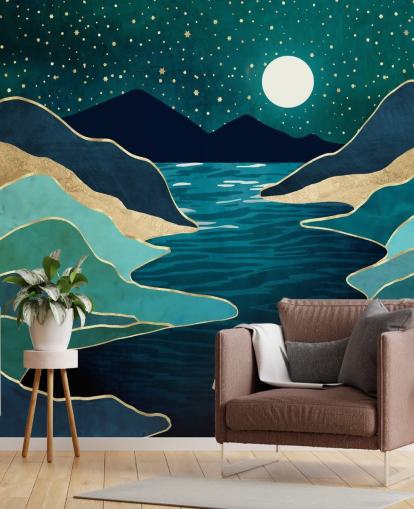 Moon Over a Blue River And Mountains Moon Over a Blue River And Mountains