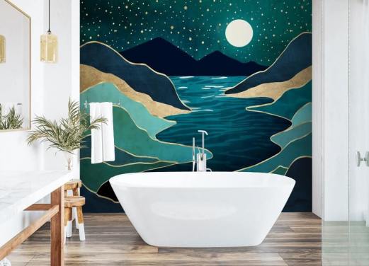 Moon Over a Blue River And Mountains