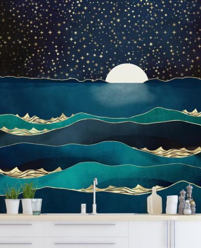 White Moon In a Starry Sky Over a Blue Sea White Moon In a Starry Sky Over a Blue Sea