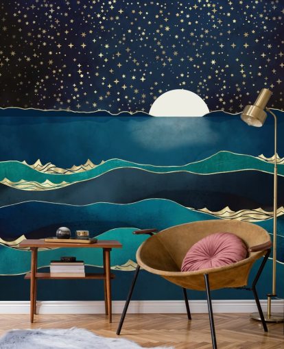 White Moon In a Starry Sky Over a Blue Sea White Moon In a Starry Sky Over a Blue Sea