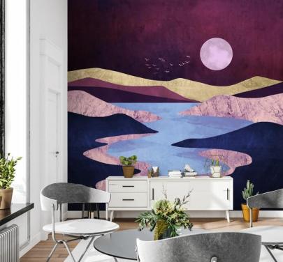 Moon Over a Purple and Blue Lake and Mountains