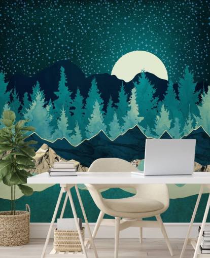 Paisagem azul e verde com lua e céu estrelado Paisagem azul e verde com lua e céu estrelado