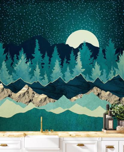 Blue and Green Landscape With Moon and Starry Sky Blue and Green Landscape With Moon and Starry Sky