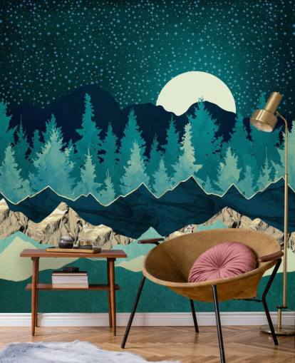 Paysage bleu et vert avec lune et ciel étoilé Paysage bleu et vert avec lune et ciel étoilé