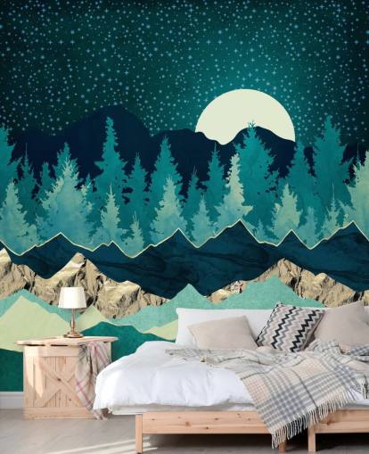 Blue and Green Landscape With Moon and Starry Sky Blue and Green Landscape With Moon and Starry Sky