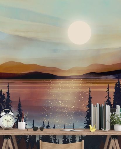 Sonnenuntergang über dem Bronzesee Und Bergen Mit Waldbäumen Sonnenuntergang über dem Bronzesee Und Bergen Mit Waldbäumen