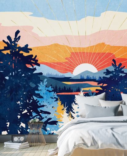 Soleil blanc se couchant derrière un lac avec des montagnes bleues et des arbres Soleil blanc se couchant derrière un lac avec des montagnes bleues et des arbres