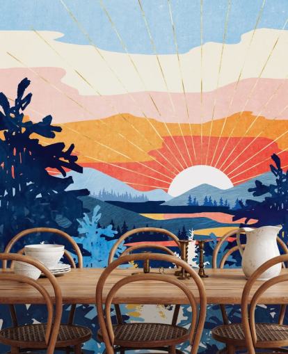 Soleil blanc se couchant derrière un lac avec des montagnes bleues et des arbres Soleil blanc se couchant derrière un lac avec des montagnes bleues et des arbres