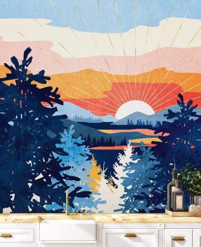 White Sun Setting Behind A Lake With Blue Mountains and Trees White Sun Setting Behind A Lake With Blue Mountains and Trees