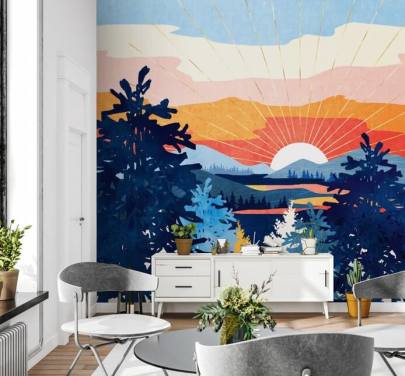 Weiße Sonne untergeht hinter einem See mit blauen Bergen und Bäumen 
