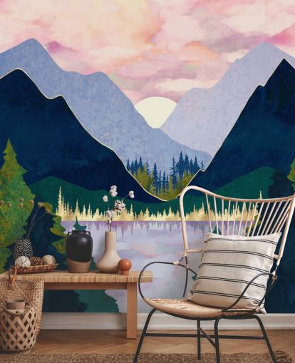 Violetit ja siniset vuoret järven lähellä auringonlaskun aikaan Violetit ja siniset vuoret järven lähellä auringonlaskun aikaan