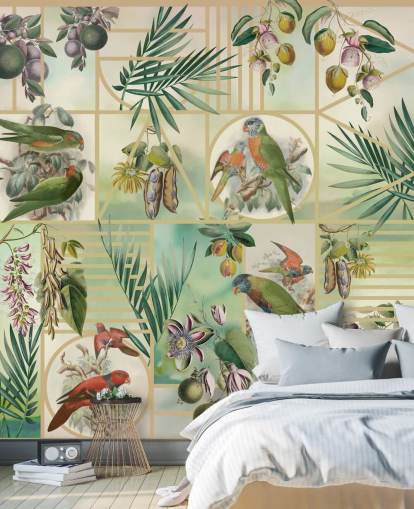 Green and brown parrots in various frames on a neutral background Green and brown parrots in various frames on a neutral background