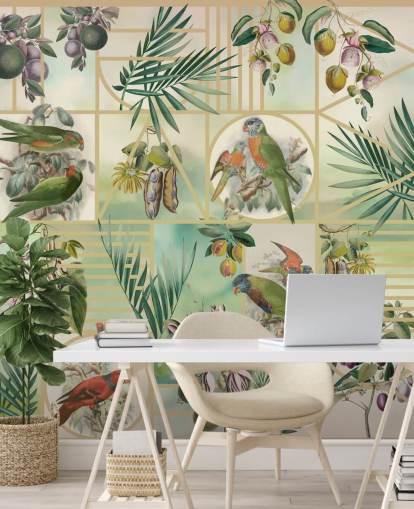 Green and brown parrots in various frames on a neutral background Green and brown parrots in various frames on a neutral background