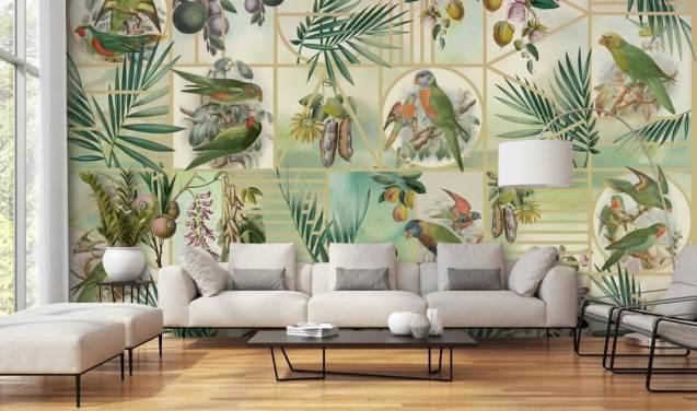 Green and brown parrots in various frames on a neutral background