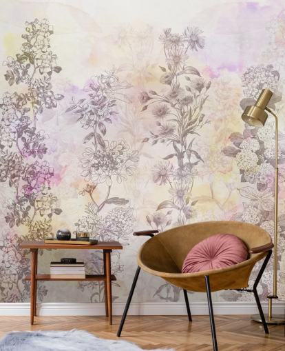 Ritade blommiga remsor färgade med pastellrosa akvarelltoner Ritade blommiga remsor färgade med pastellrosa akvarelltoner