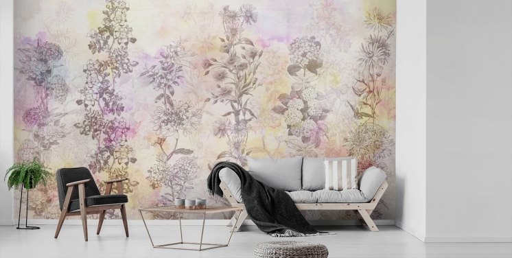Getekende bloemenstrepen gekleurd met pastelroze aquareltinten