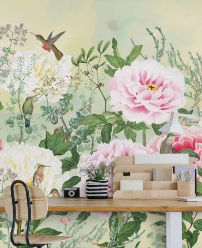 Large Pink Flowers With Birds on a Cream Background Large Pink Flowers With Birds on a Cream Background