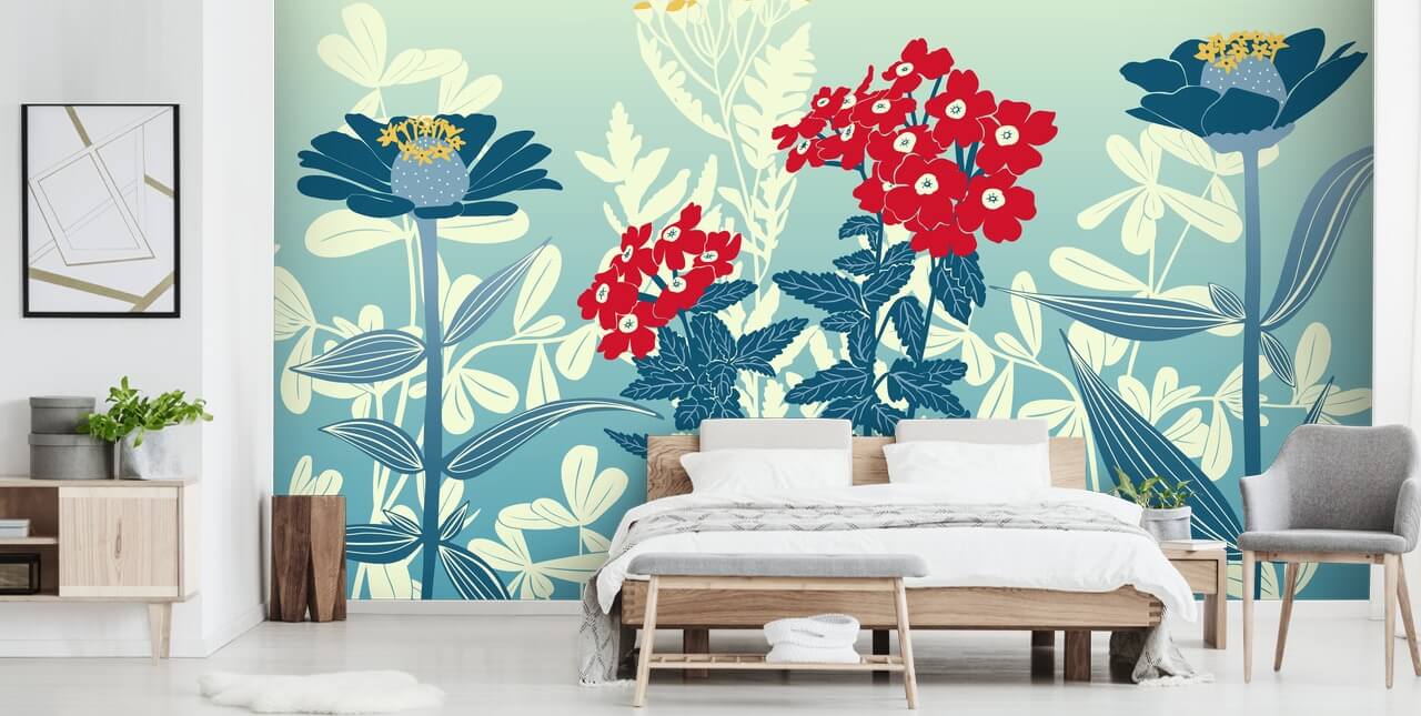 Faded blue background with blue and white flowers with red petals