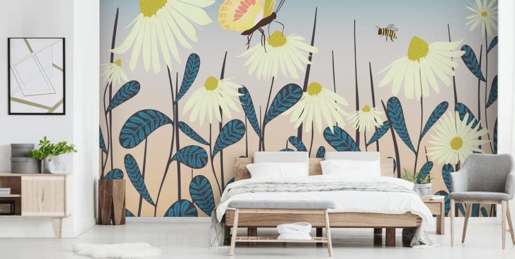 Witte madeliefjes met blauwe stelen op een gradiënt oranje en blauwe achtergrond met een vlinder