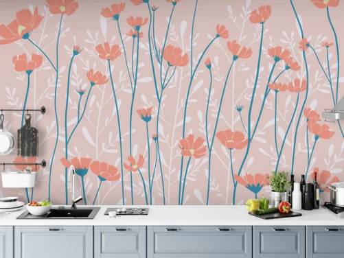 Dusty pink background with peach flowers and blue stems