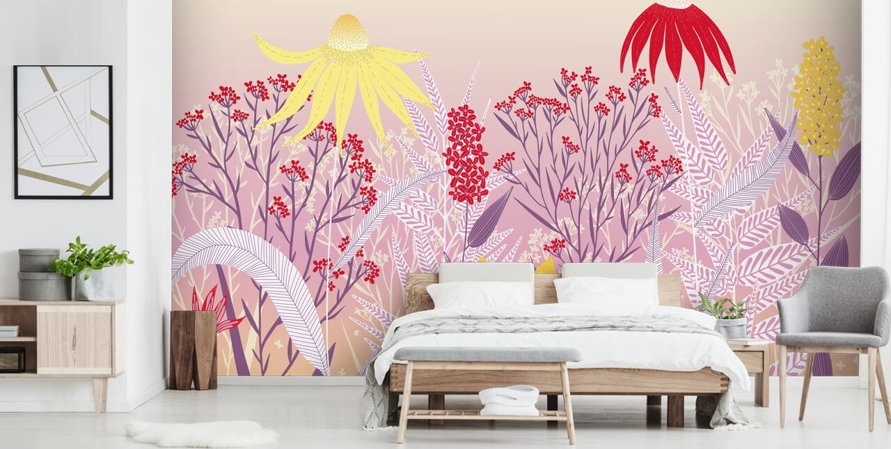 Fond pastel avec un mélange de fleurs rouges, violettes et jaunes