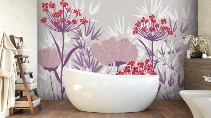 Pastel pink and purple flowers on a light lilac background with red and white flowers