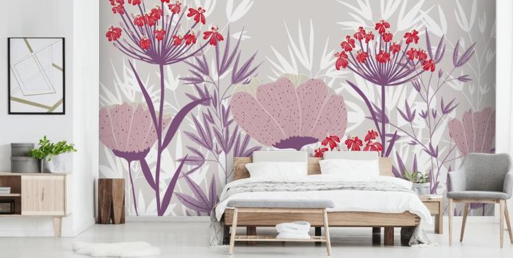 Pastel pink and purple flowers on a light lilac background with red and white flowers