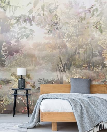 Gedämpfter grüner und brauner Aquarellwald mit Waldtieren Gedämpfter grüner und brauner Aquarellwald mit Waldtieren