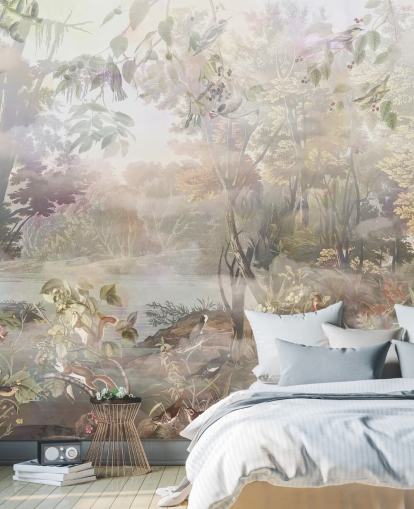 Floresta de aquarela verde e marrom suave com animais da floresta Floresta de aquarela verde e marrom suave com animais da floresta